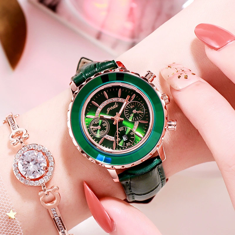 Green Leather Strap Ladies Belt Calendar Watch