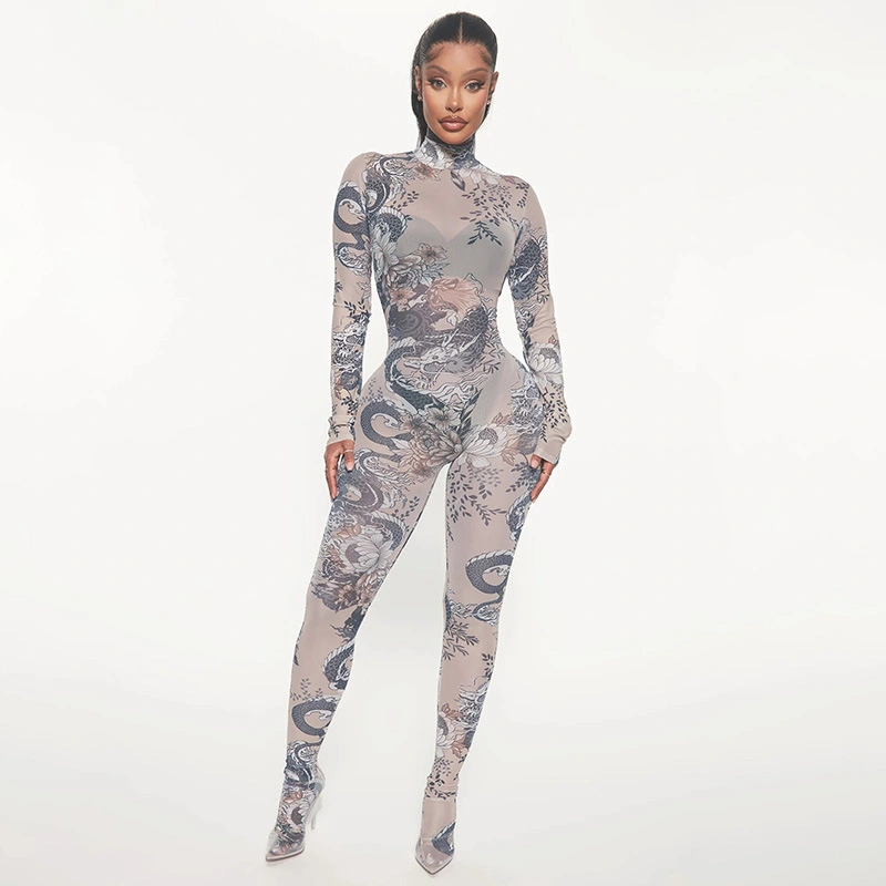 Women's Mesh Printed Micro-transparent One-piece Trousers