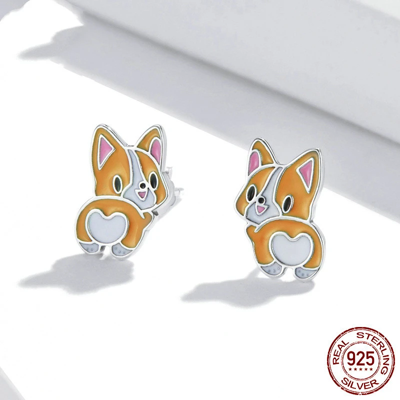 Women's Cute Corgi Sterling Silver S925 Stud Earrings