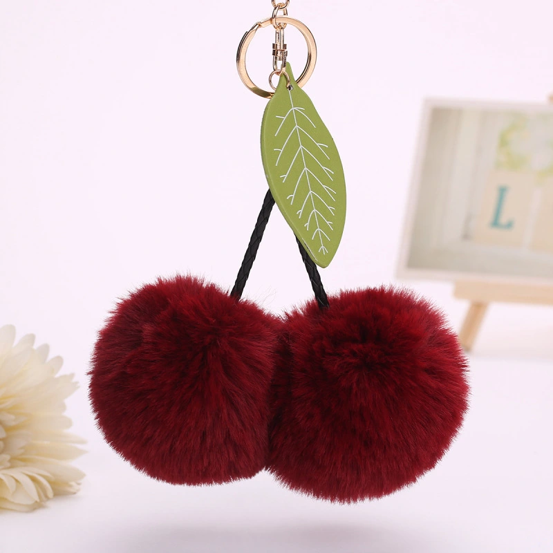 Cute Cherry Leaves Handbag Pendant Fruit Hair Ball Keychain