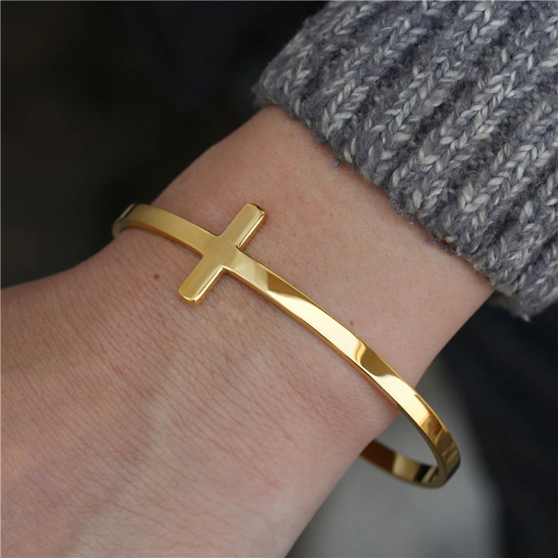 Trendy Stainless Steel Titanium Steel C- Shaped Cross Bracelet European And American Simple Ins Style Adjustable Bracelet