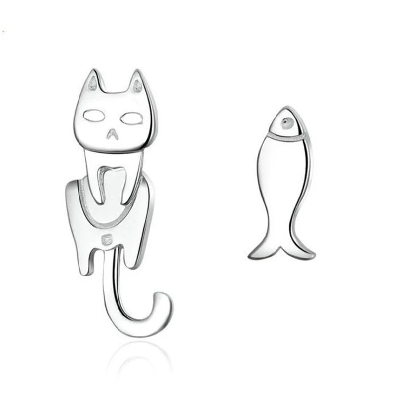 Cute Cat Earrings Female Asymmetric Cat Fish Earrings