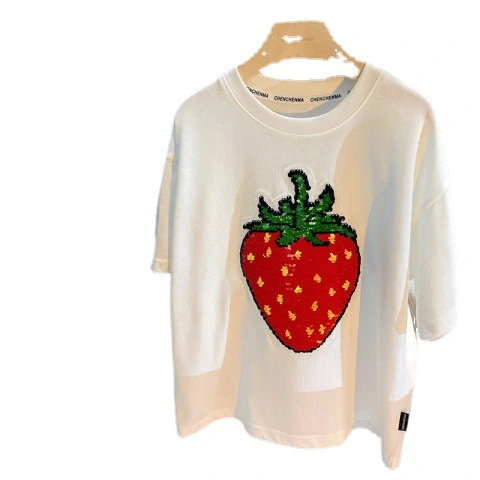 Girls' Summer Color Change Sequins Strawberry T-shirt Top