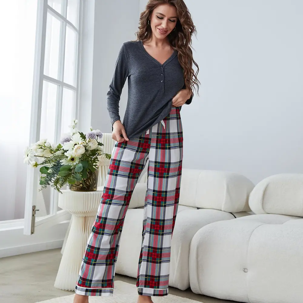 Women's Pajamas Popular Solid Color Plaid Autumn And Winter Clothing Set