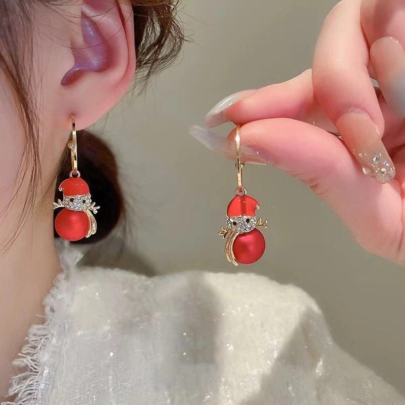 Snowman Christmas Earrings Female Stud Earrings Refined Rhinestone Pearl Earrings