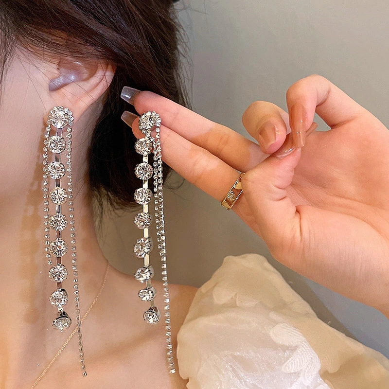 Full Diamond Long Fringe Earrings European And American Fashion Cool High-profile Earrings