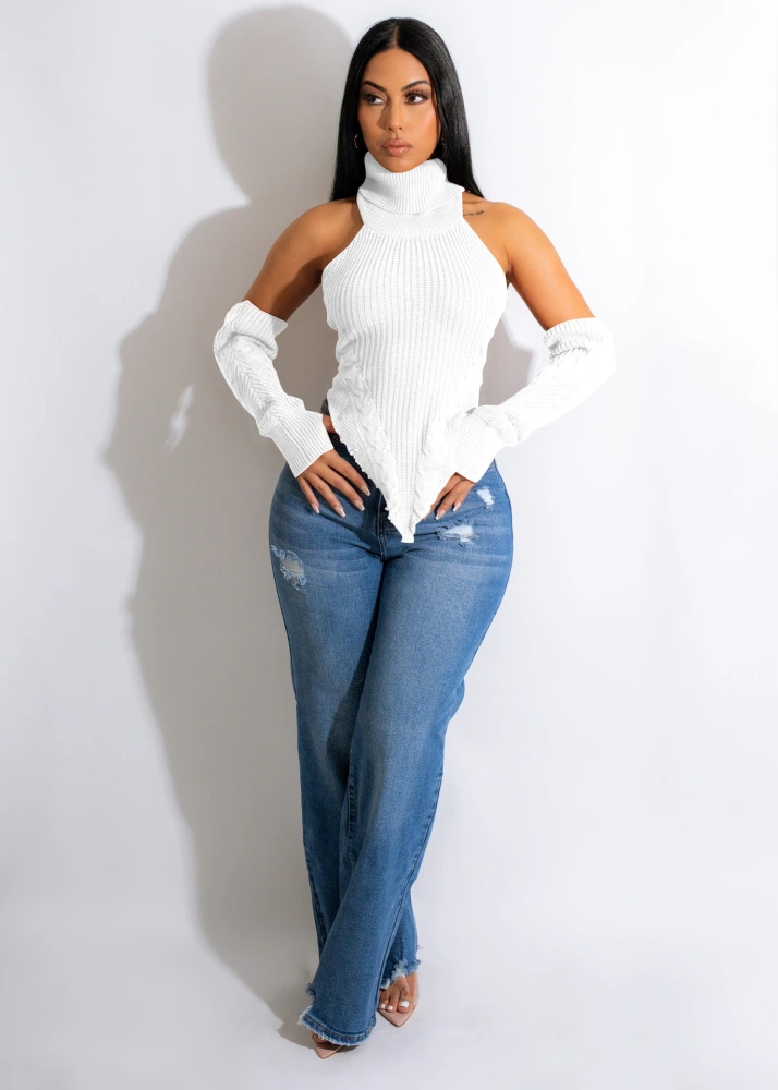 Autumn And Winter Knitting Hand Crochet Turtleneck Fake Sleeve Finger Hole Irregular Top