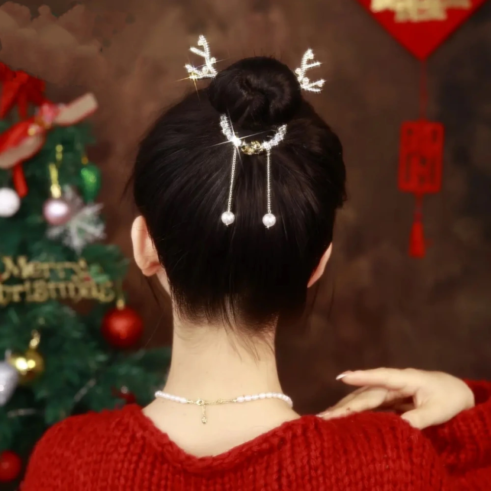 Alloy Pearl Hair Accessories Elk Romantic Shining Zirconium Tassel Bead Ball Clip For Women