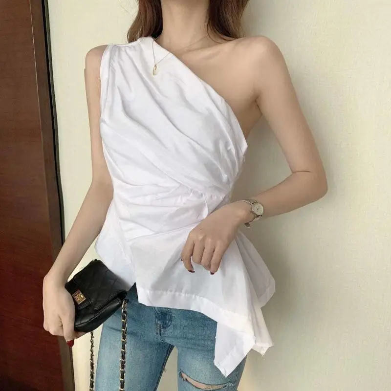 Backless Irregular Shirt Slant Shoulder Waist