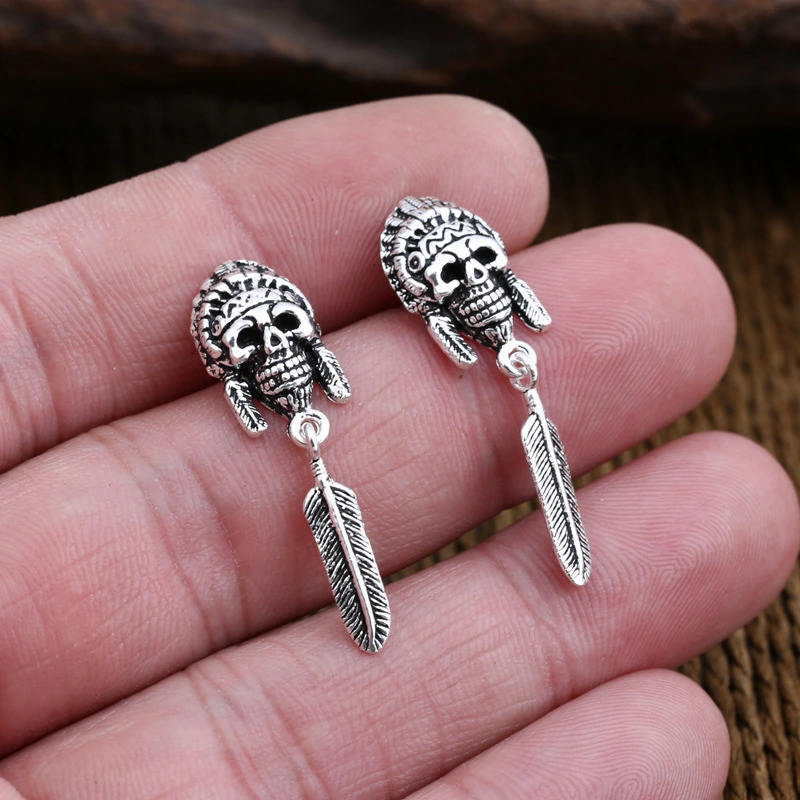 Thai Silver Skull Feather Hanging Stud Earrings