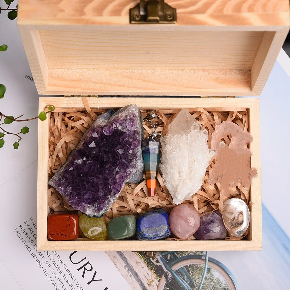 Natural Crystal Original Stone Gift Box Seven Color Gem Amethyst Block