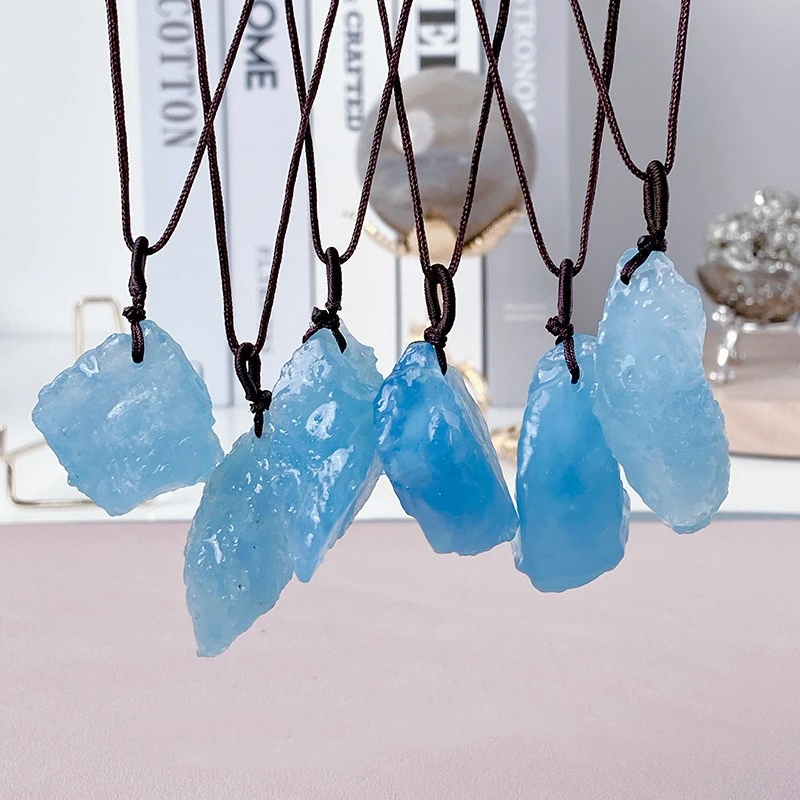 Ice Aquamarine Crystal Raw Stone Pendant Hand-woven Sweater Necklace