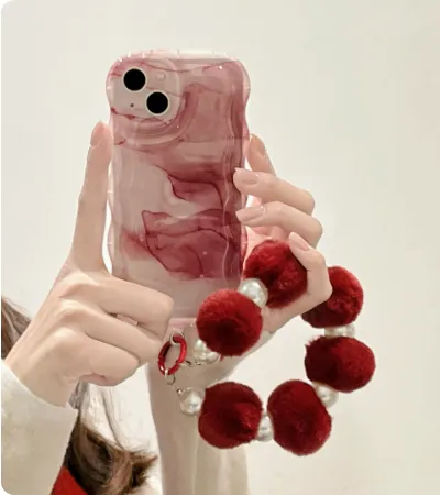 Burgundy Water Ripple Iphone14 Case Plush Bracelet Artistic Minority