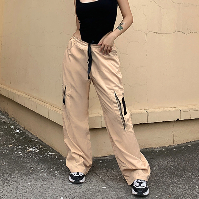 Khaki Sweet Cool Sexy Zipper Pocket Stitching Tied Casual Pants High Waist Loose Contrast Color Woven Pants