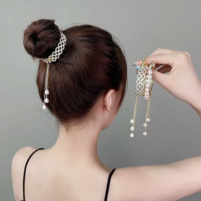 Hair Ring Pearl Rhinestone Tassel Hairpin Female Back Head Updo Temperament Hair Band Hair Ring