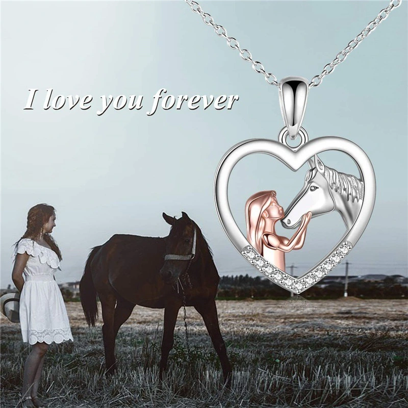 Girl And Horse Color Separation Heart Necklace European And American Stylish Clavicle Necklace Valentine Gift Pendant