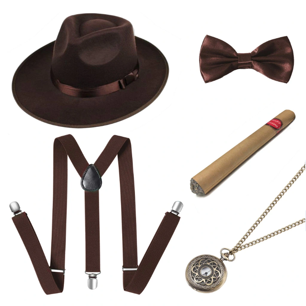 Party Men's Top Hat Pipe Pocket Watch Strap Tie Fake Cigar Set