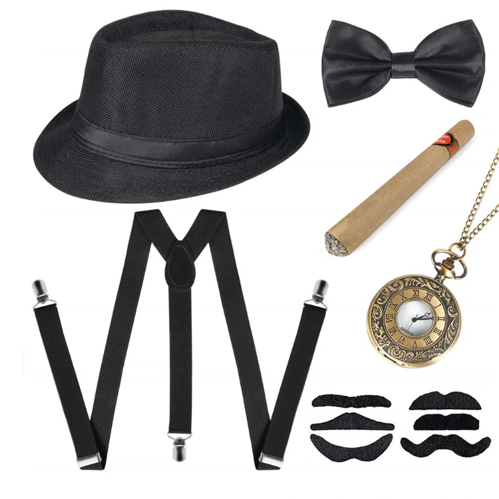 Party Men's Top Hat Pipe Pocket Watch Strap Tie Fake Cigar Set