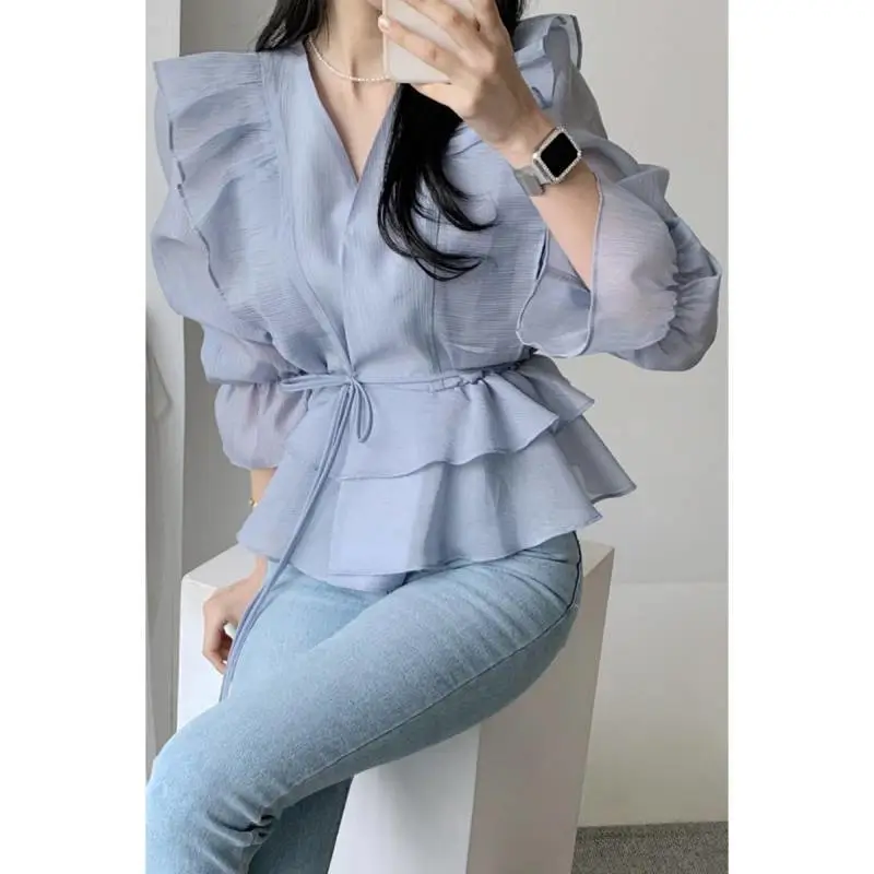 New Elegant Cross Collar Lace-up Waist Double-layer Ruffled Bell Sleeve Sun Protection Shirt