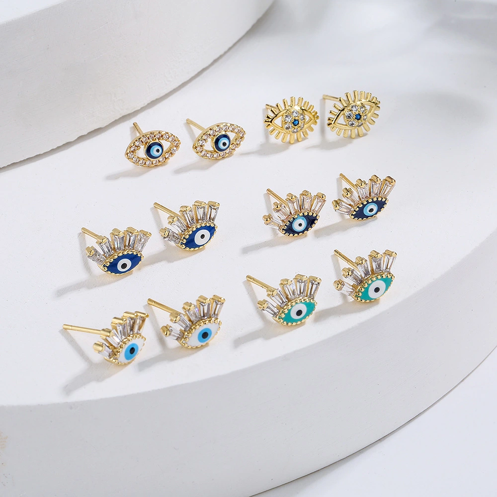 Net Red Ear Accessories Copper Plated Gold Micro Inset Zircon Eye Ear Studs Female