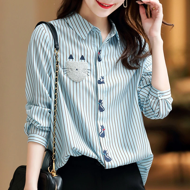 Striped Blue Shirt Women's Chiffon Long Sleeve Early Spring Top