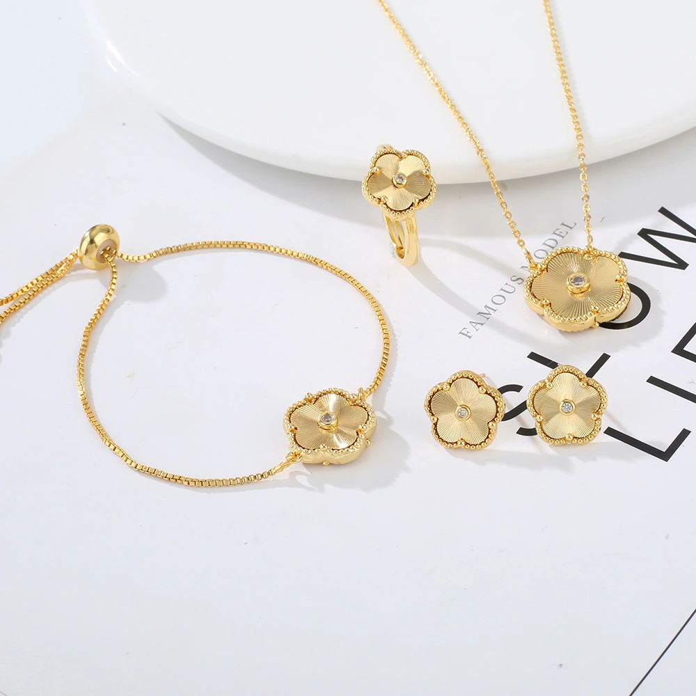 Gold Flower Bracelet Ring Earrings Bracelet Women's Jewelry Set