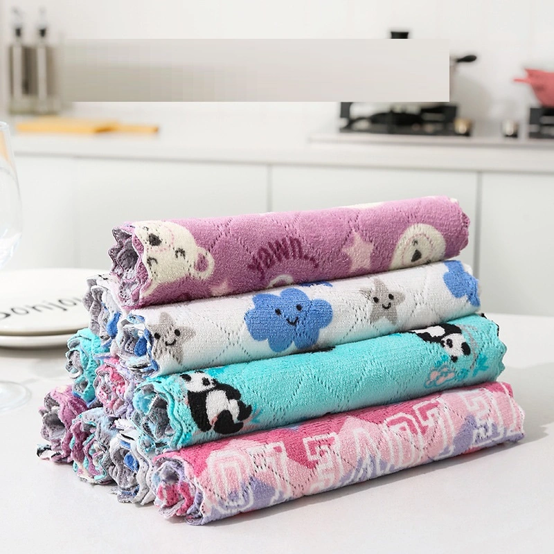 Printed Coral Velvet Rag Double-layer Thickened Absorbent Kitchen Cleaning Oil-free Dish Towel Tablecloth