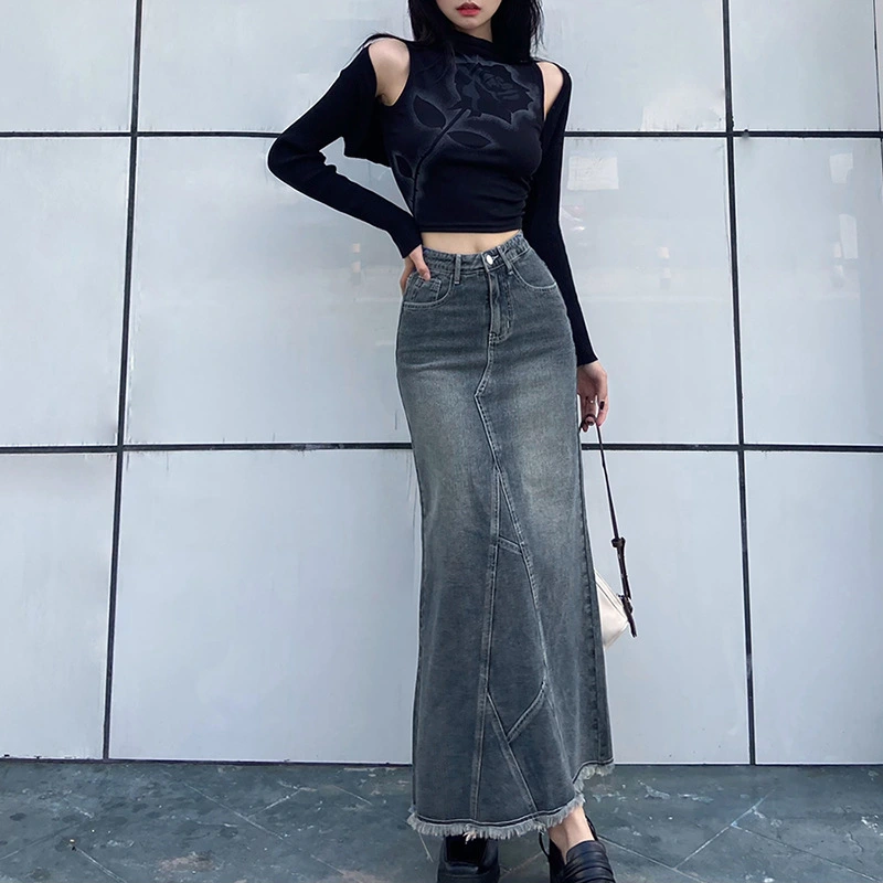 Solid Slim High Waist Denim Skirt