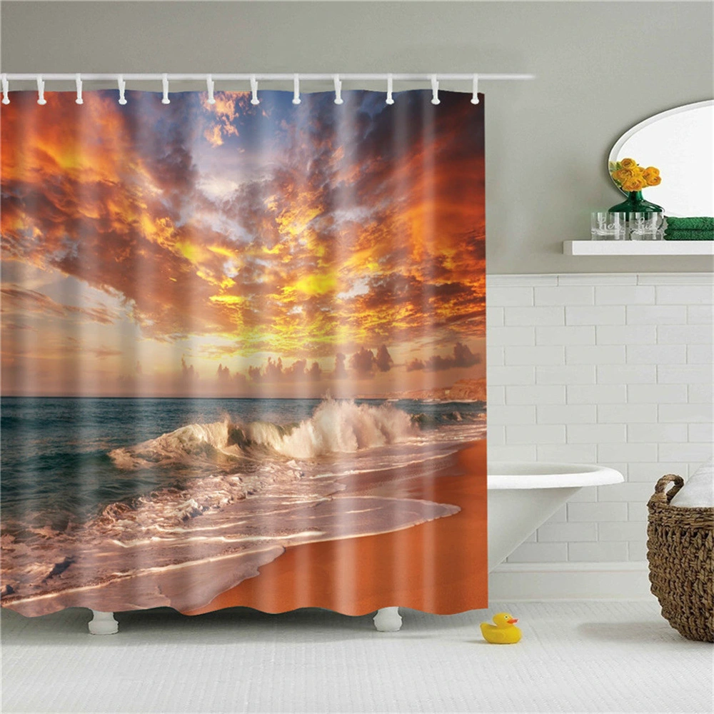 Sunset Dusk Seaside Scenery Shower Curtain Sea Lighthouse Sailboat Garden Decorative Background Cloth