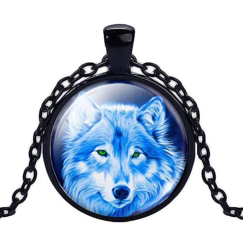 European And American Wolf Time Gem Cabochon Necklace Alloy Glass Pendant Clavicle Chain