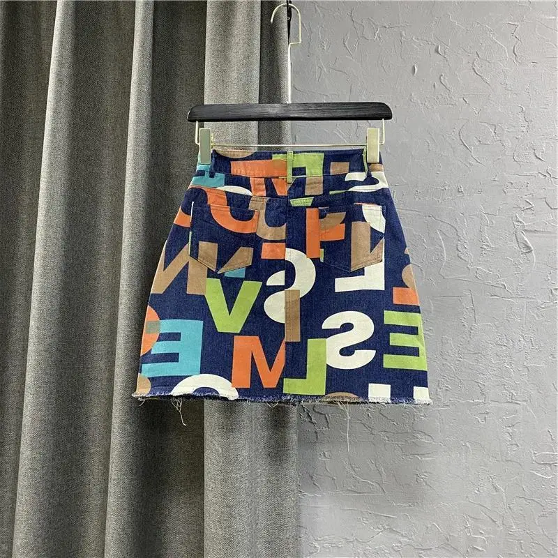 Personalized Colorful Letter Print Korean Version Of High Waisted Denim Skirt