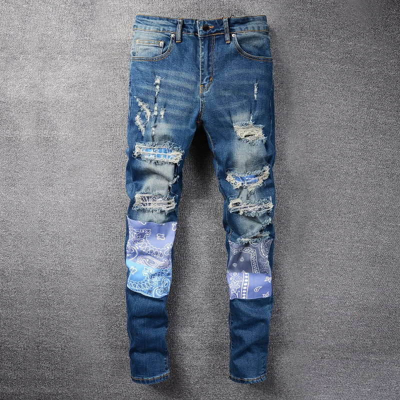 Men's Ripped Patch Jeans Trendy Slim Fit