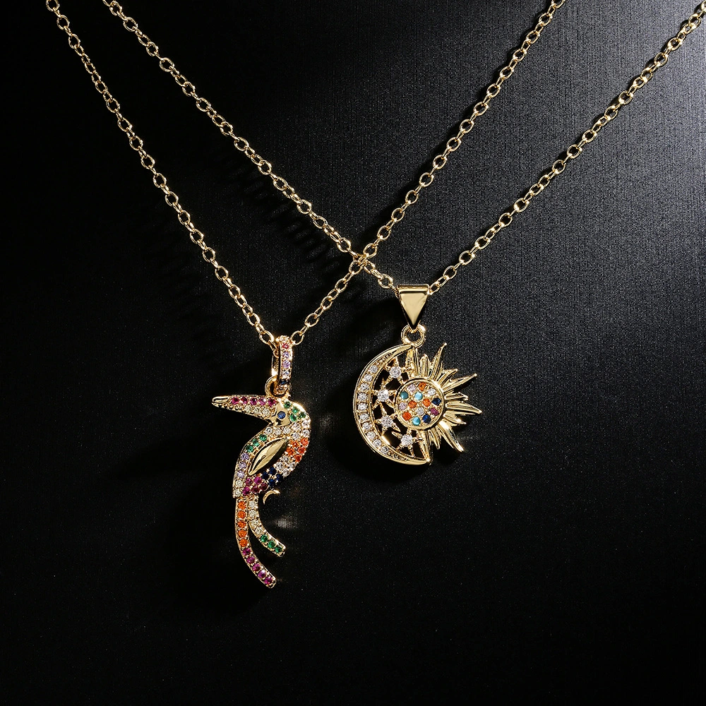 Copper Gold Zircon Sun Moon Star Pendant Necklace Creative Clavicle Chain