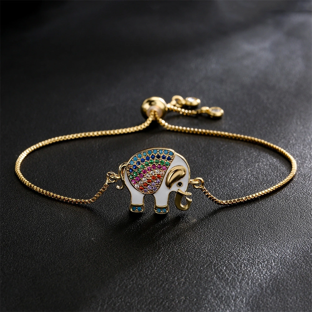 Dripping Zircon Elephant Charm Gold Bracelet Pull Adjustable