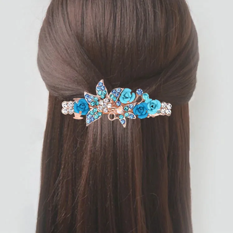 Small Korean Rose Flower Rhinestone Hairpin Headdress Women's All-match Small Top Clip Hair Clip Ponytail Clip Hair Accessories