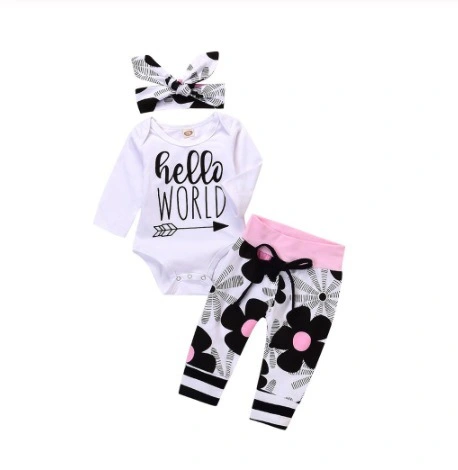 Baby Girl Hello World Newborn 3-piece Suit Headscarf
