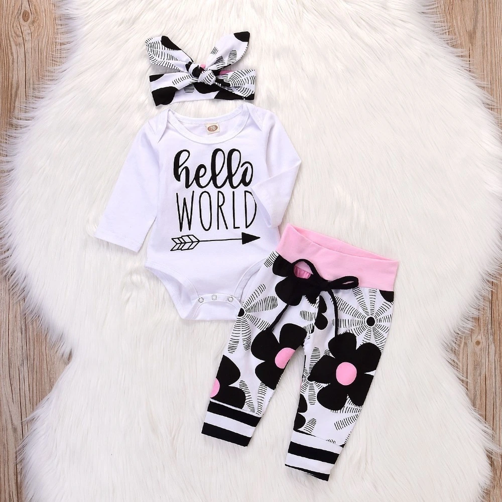 Baby Girl Hello World Newborn 3-piece Suit Headscarf