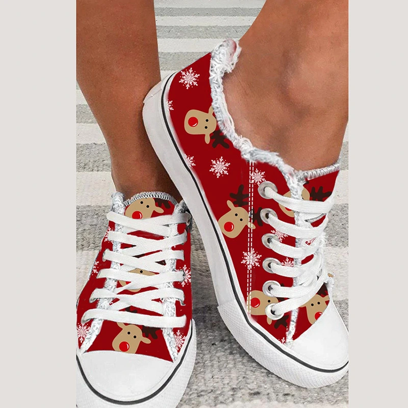 European And American Christmas Foreign Trade WISH Zinc Ebay Red New Style Christmas Elk Casual Flat Canvas Shoes For Women