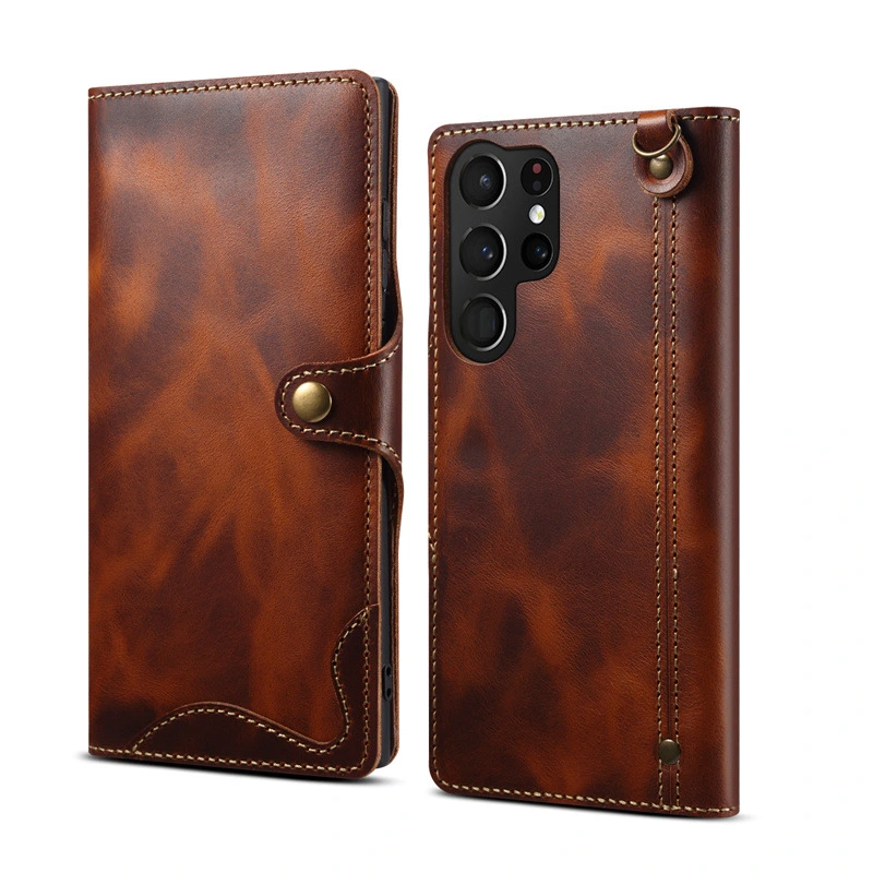 Cowhide Oil Wax Vintage Button Flap Insert Card Phone Case