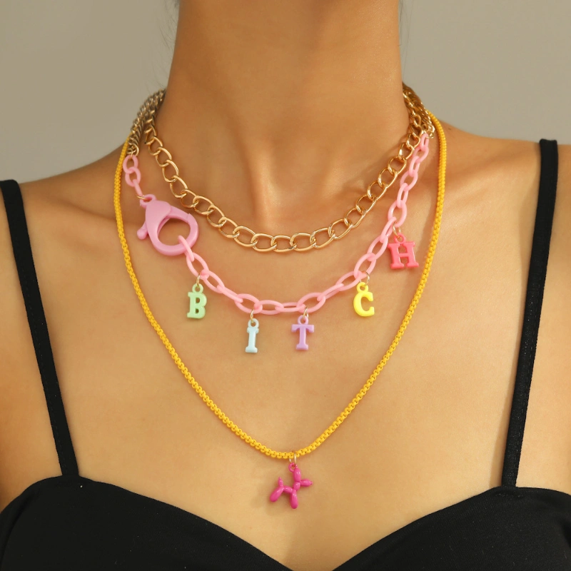 Women's New Personality Fashion Creative Letter Puppy Cartoon Buckle Splicing Multi-layer Necklace