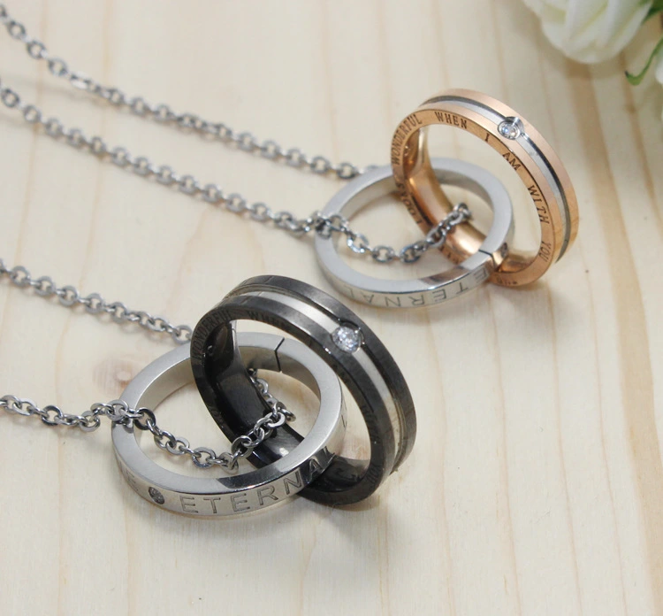 2022 New Rhinestone Double Ring Titanium Steel Couple Necklace