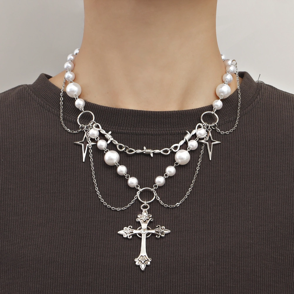 Pearl Tassel Cross Star Necklace