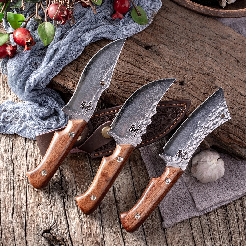 Damascus Steel Knife With Leather Sheath Hand Put Cattle And Sheep Cutting Meat Fruit Knife Outdoor Portable