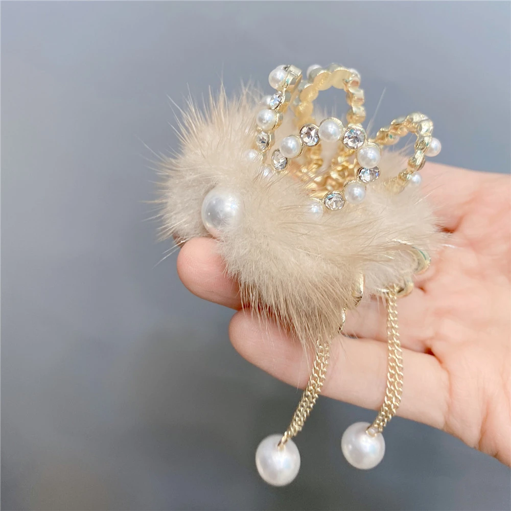 Pearl Mink Hair High Horse Tail Long Tassel Diamond Hair Clip