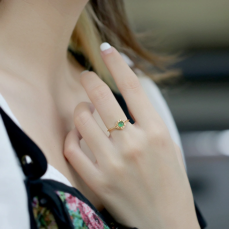 S925 Silver Plated 14K Gold Green Agate Ring