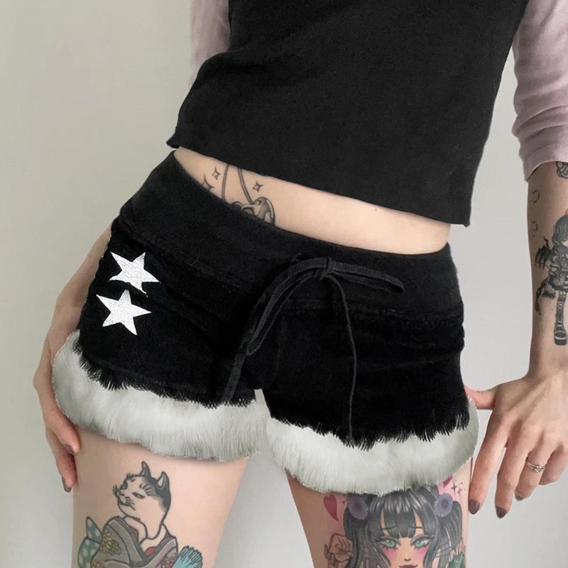 Plush Panel Slim Tie Star Printed Velvet Shorts