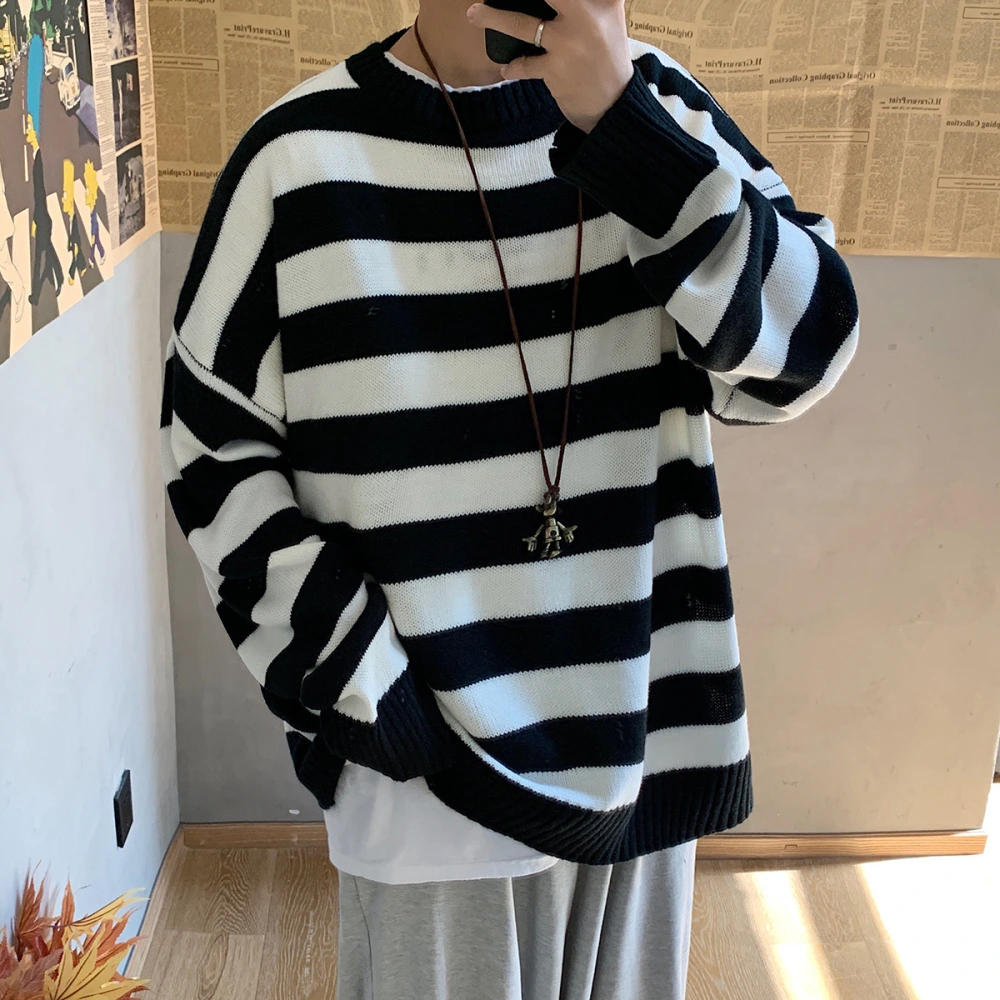 Men's Casual Striped Sweater Loose Round Neck Couple Sweater