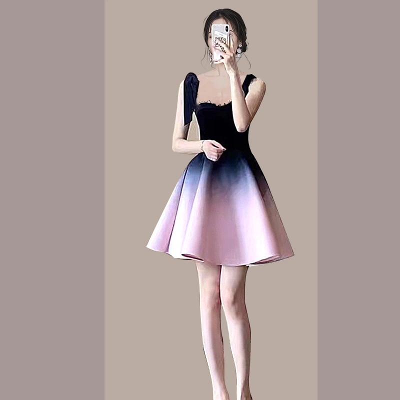 Velvet Bow Camisole Gradient Swing Half Skirt Banquet Dress Two Piece Set