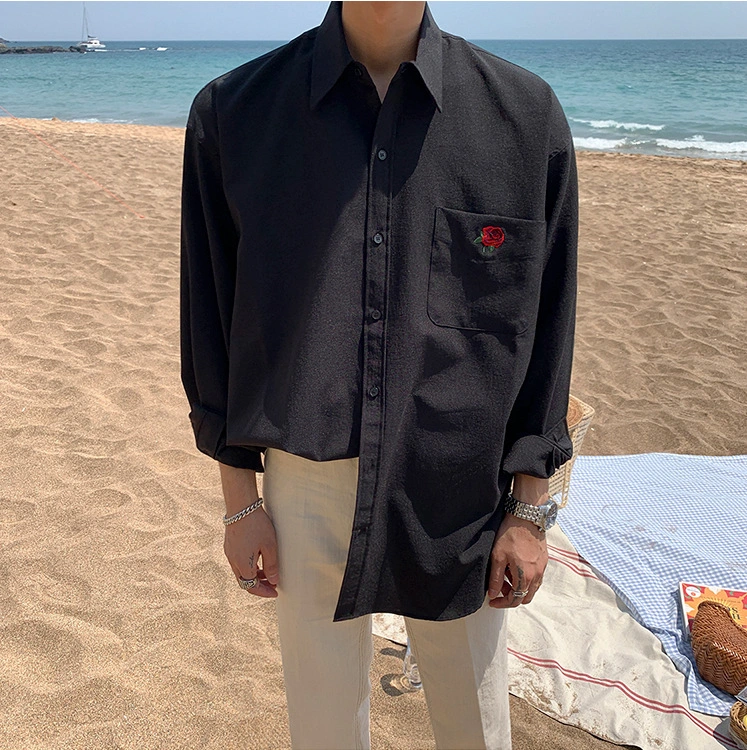Quality Embroidered Rose Long-sleeved Spring And Summer Men's Long-sleeved Shirt