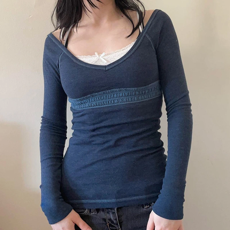 Slim Lace Stitching Casual Fashion Pullover Long-sleeved Top Female